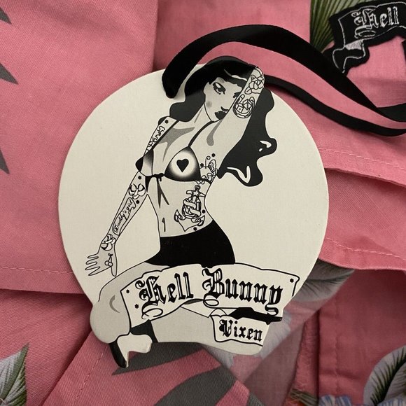 Hell Bunny Vixen Size Small Hawaiian Print Pink Pin Up Peplum Top Blouse New - Picture 10 of 13